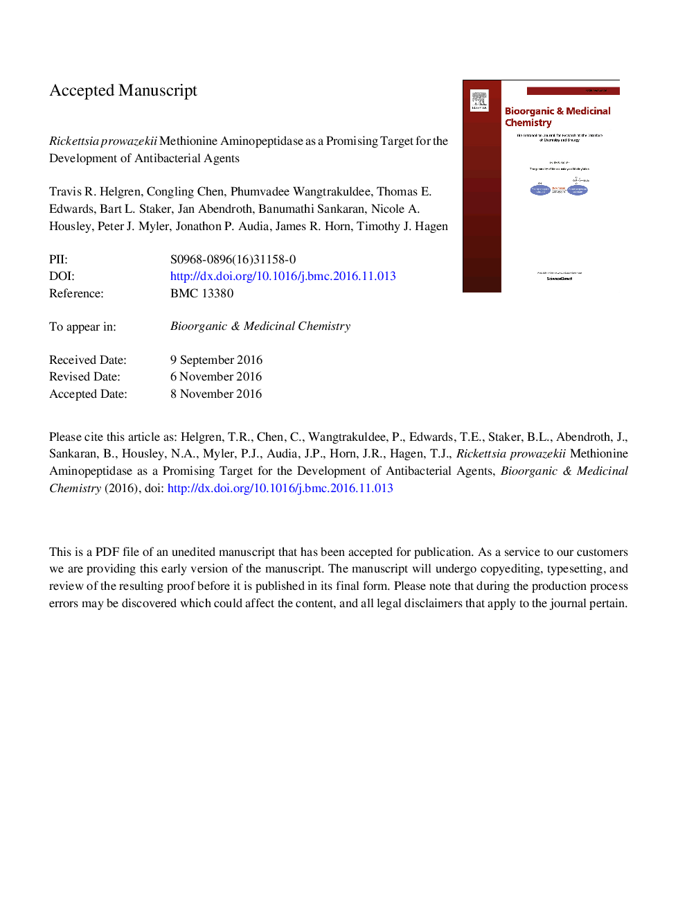 Rickettsia prowazekii methionine aminopeptidase as a promising target for the development of antibacterial agents