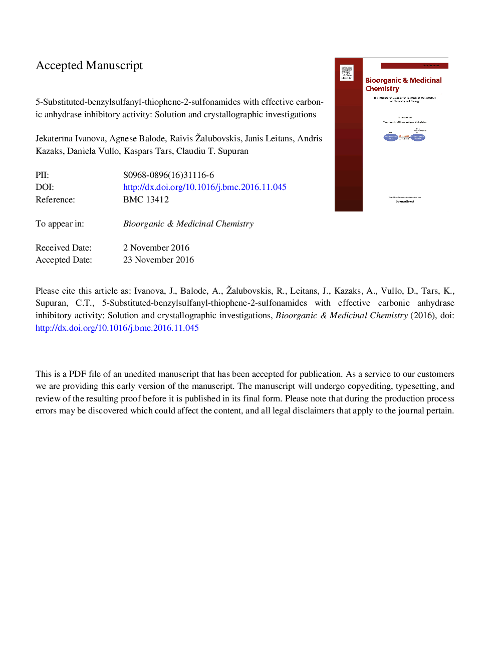 5-Substituted-benzylsulfanyl-thiophene-2-sulfonamides with effective carbonic anhydrase inhibitory activity: Solution and crystallographic investigations