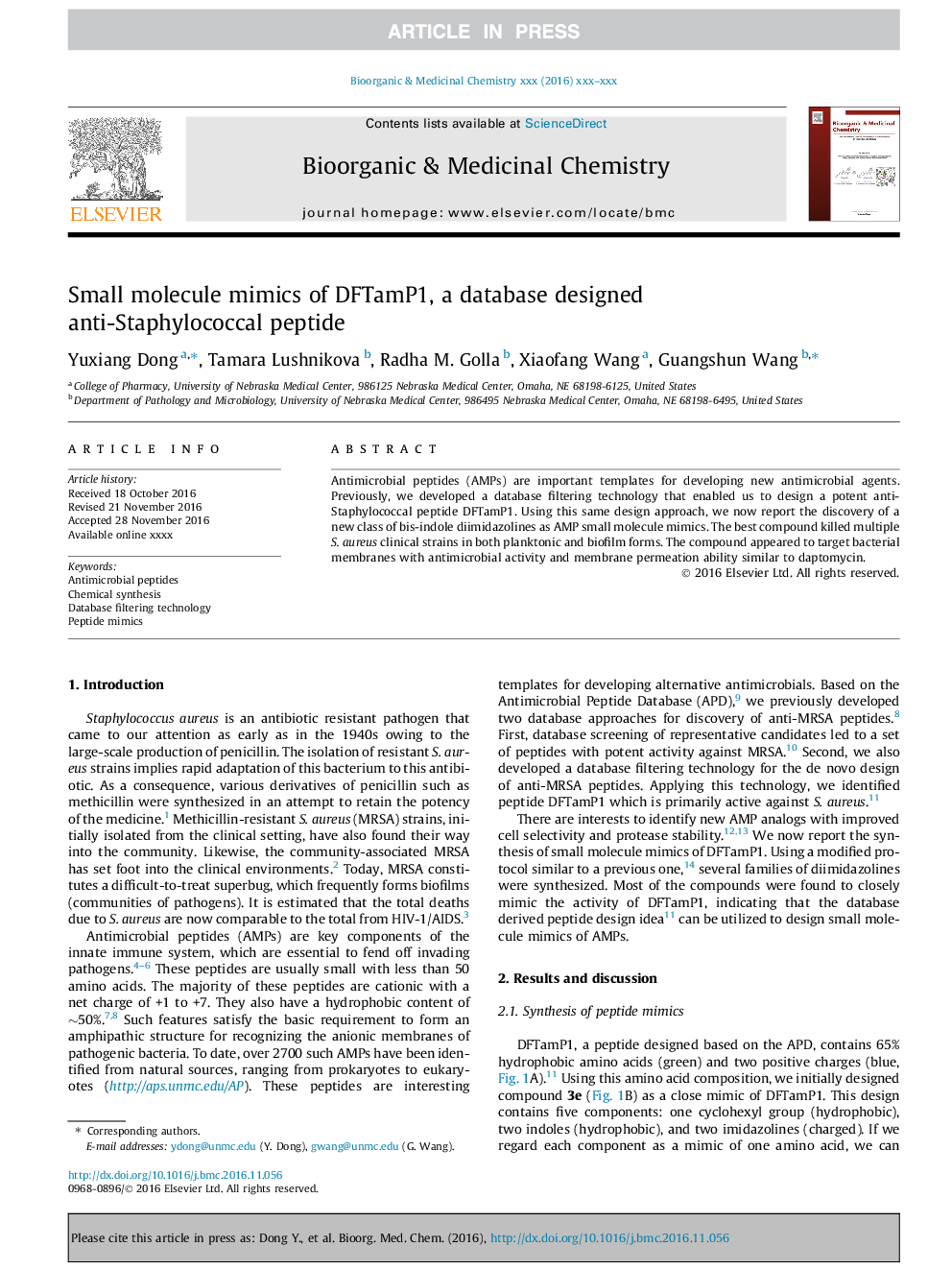 Small molecule mimics of DFTamP1, a database designed anti-Staphylococcal peptide