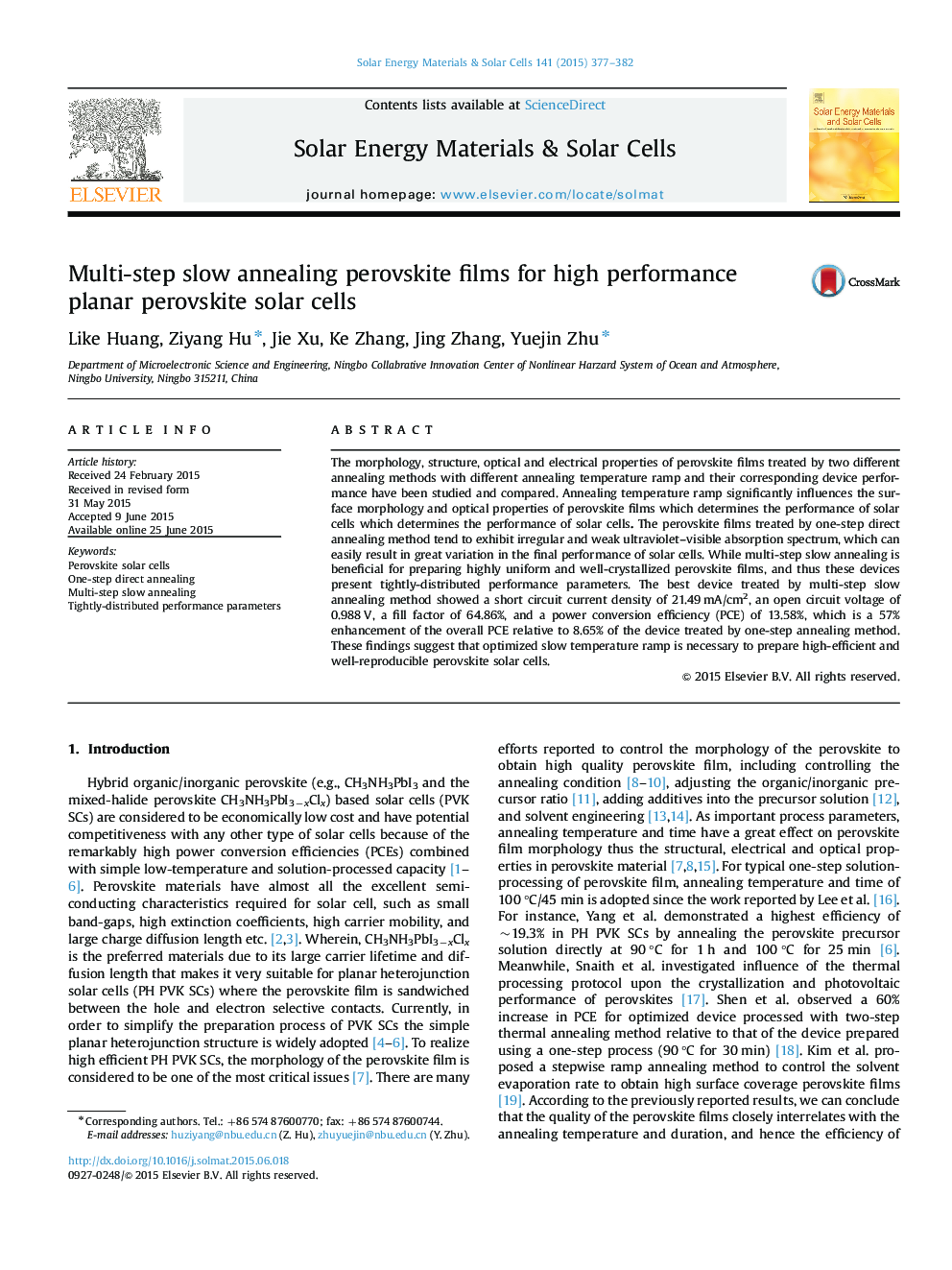 Multi-step slow annealing perovskite films for high performance planar perovskite solar cells