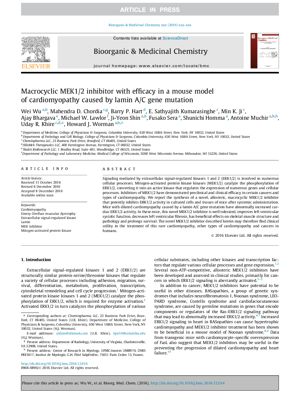 Macrocyclic MEK1/2 inhibitor with efficacy in a mouse model of cardiomyopathy caused by lamin A/C gene mutation