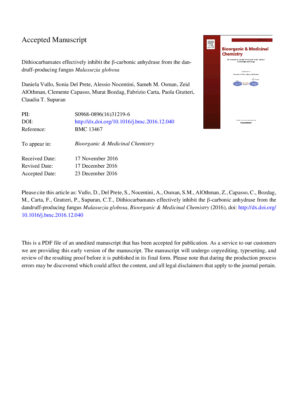 Dithiocarbamates effectively inhibit the Î²-carbonic anhydrase from the dandruff-producing fungus Malassezia globosa