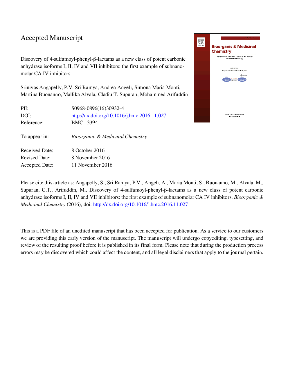 Discovery of 4-sulfamoyl-phenyl-Î²-lactams as a new class of potent carbonic anhydrase isoforms I, II, IV and VII inhibitors: The first example of subnanomolar CA IV inhibitors