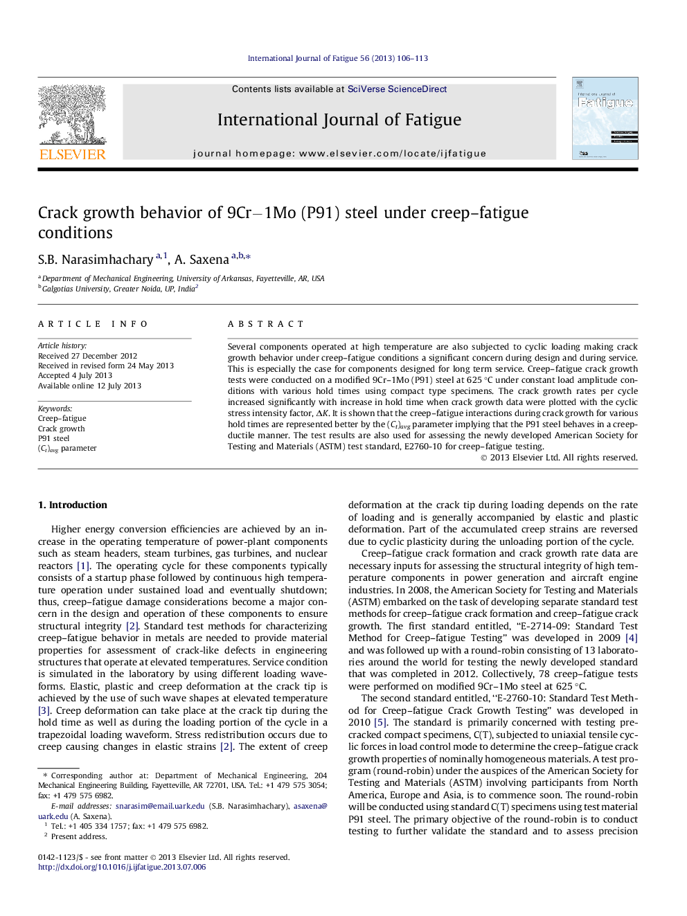 Crack growth behavior of 9Cr−1Mo (P91) steel under creep–fatigue conditions