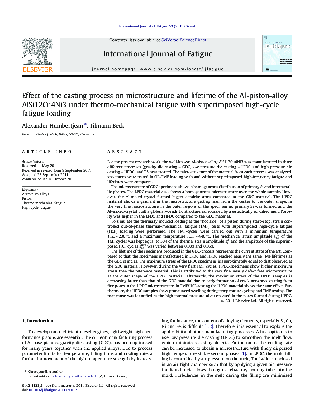 Effect of the casting process on microstructure and lifetime of the Al-piston-alloy AlSi12Cu4Ni3 under thermo-mechanical fatigue with superimposed high-cycle fatigue loading