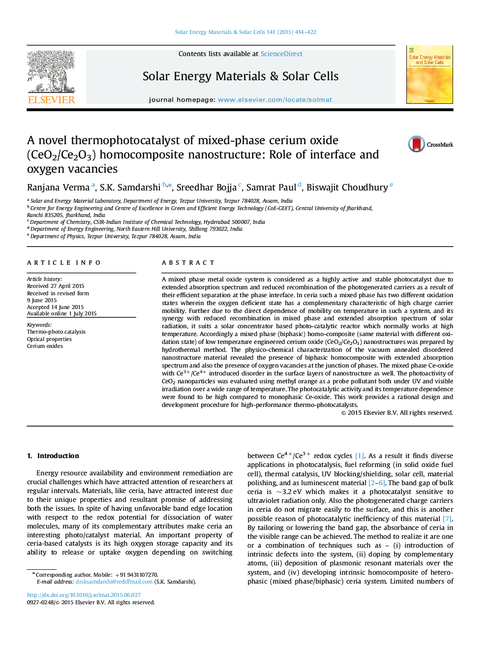 A novel thermophotocatalyst of mixed-phase cerium oxide (CeO2/Ce2O3) homocomposite nanostructure: Role of interface and oxygen vacancies