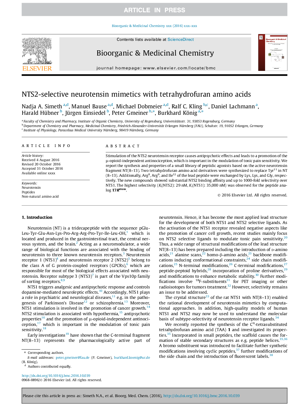 NTS2-selective neurotensin mimetics with tetrahydrofuran amino acids