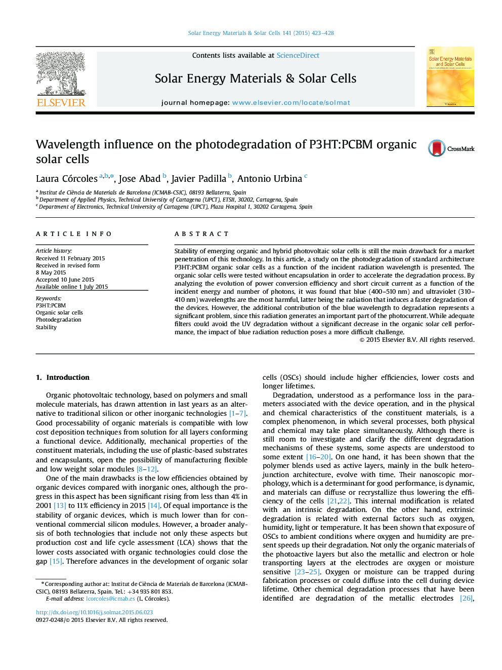 Wavelength influence on the photodegradation of P3HT:PCBM organic solar cells