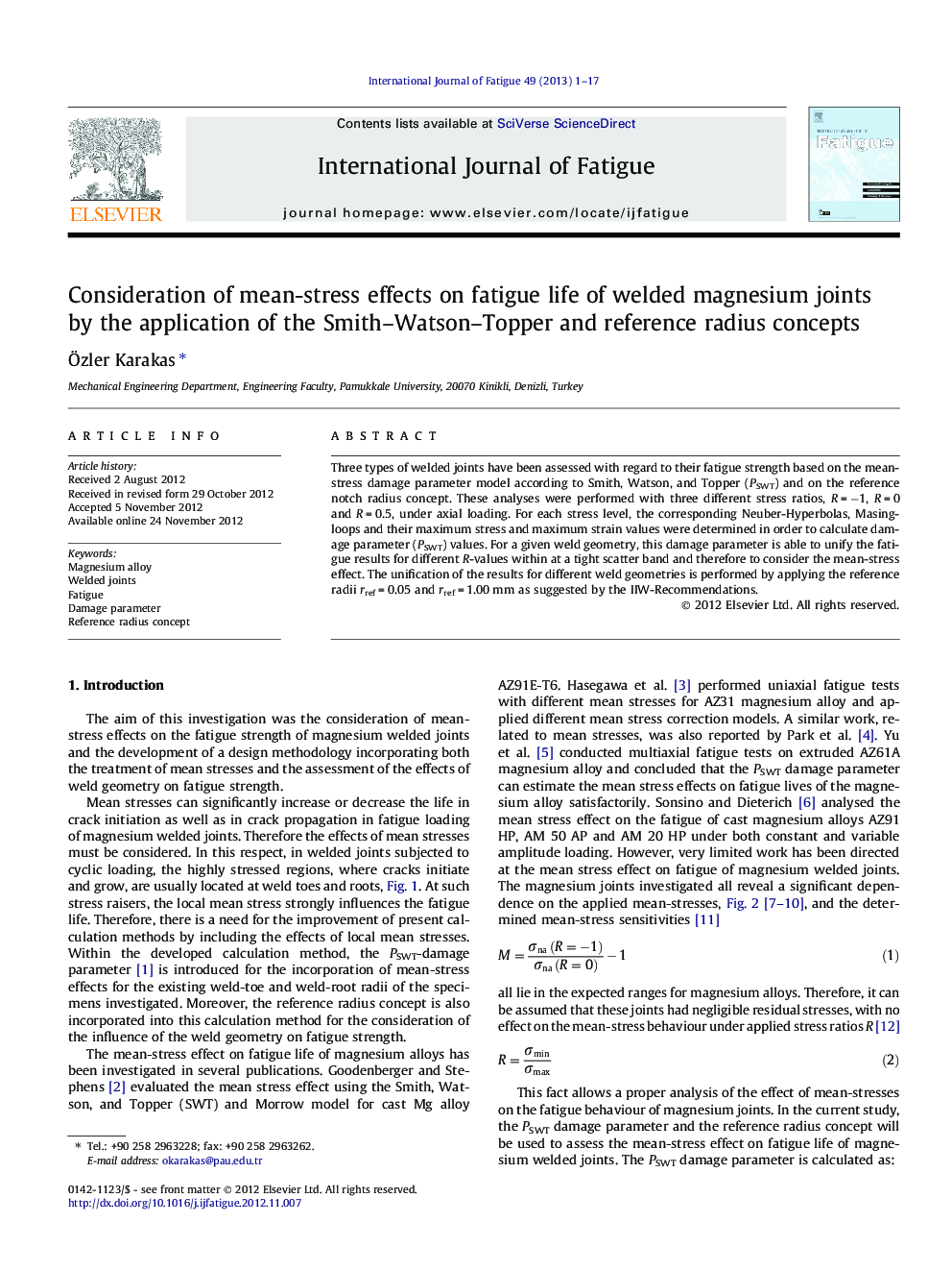 Consideration of mean-stress effects on fatigue life of welded magnesium joints by the application of the Smith–Watson–Topper and reference radius concepts