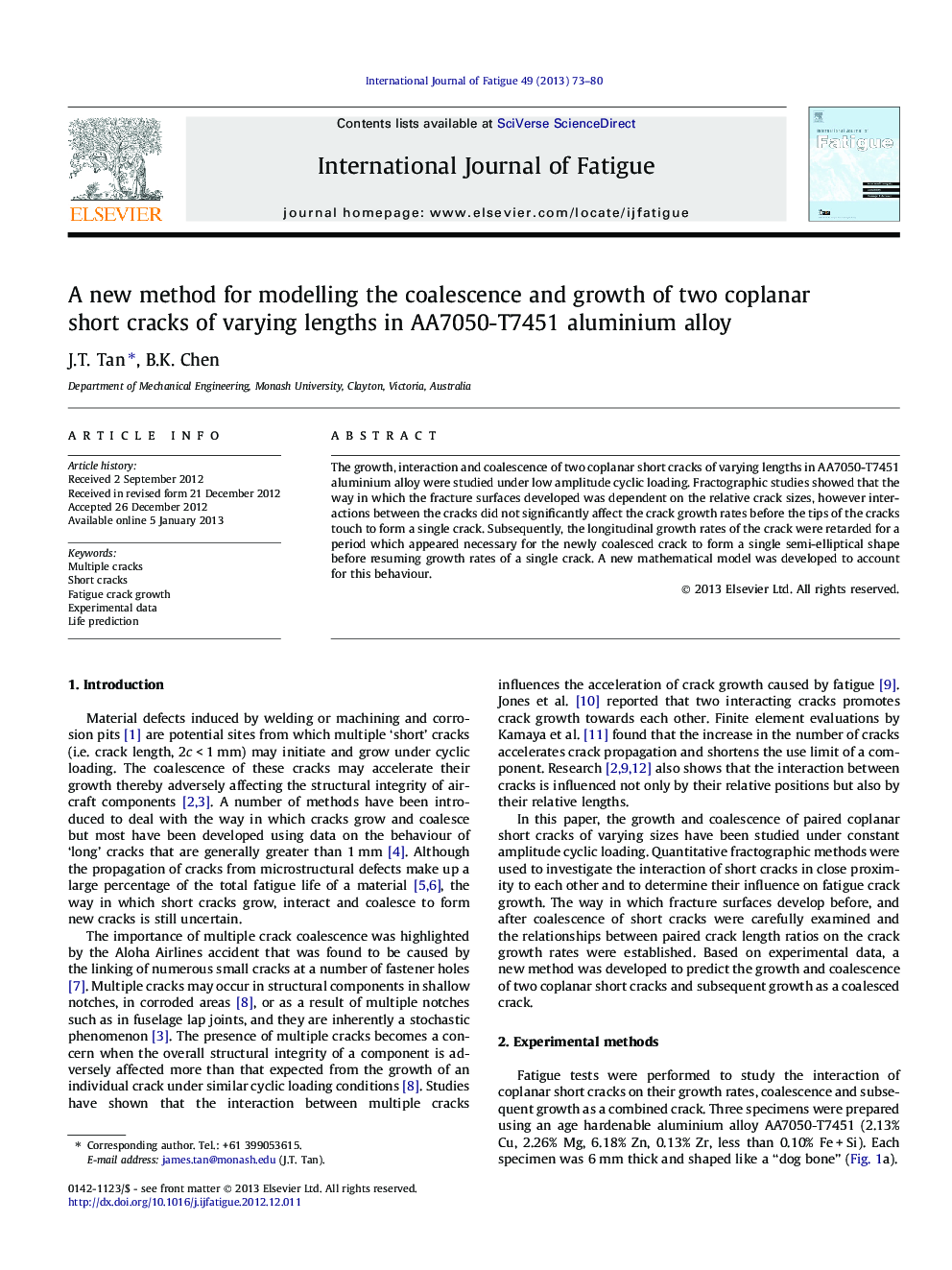 A new method for modelling the coalescence and growth of two coplanar short cracks of varying lengths in AA7050-T7451 aluminium alloy