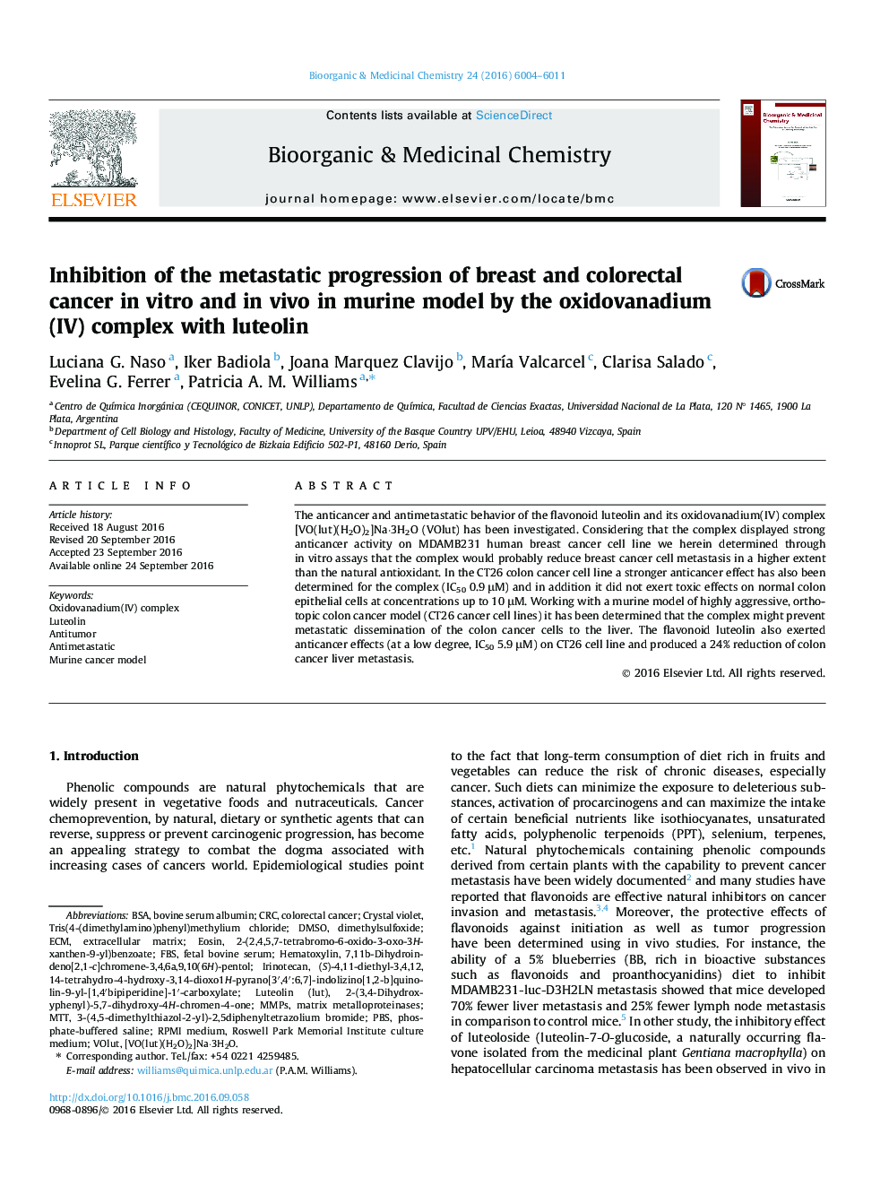 Inhibition of the metastatic progression of breast and colorectal cancer in vitro and in vivo in murine model by the oxidovanadium(IV) complex with luteolin