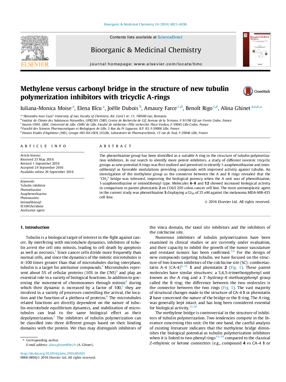 Methylene versus carbonyl bridge in the structure of new tubulin polymerization inhibitors with tricyclic A-rings