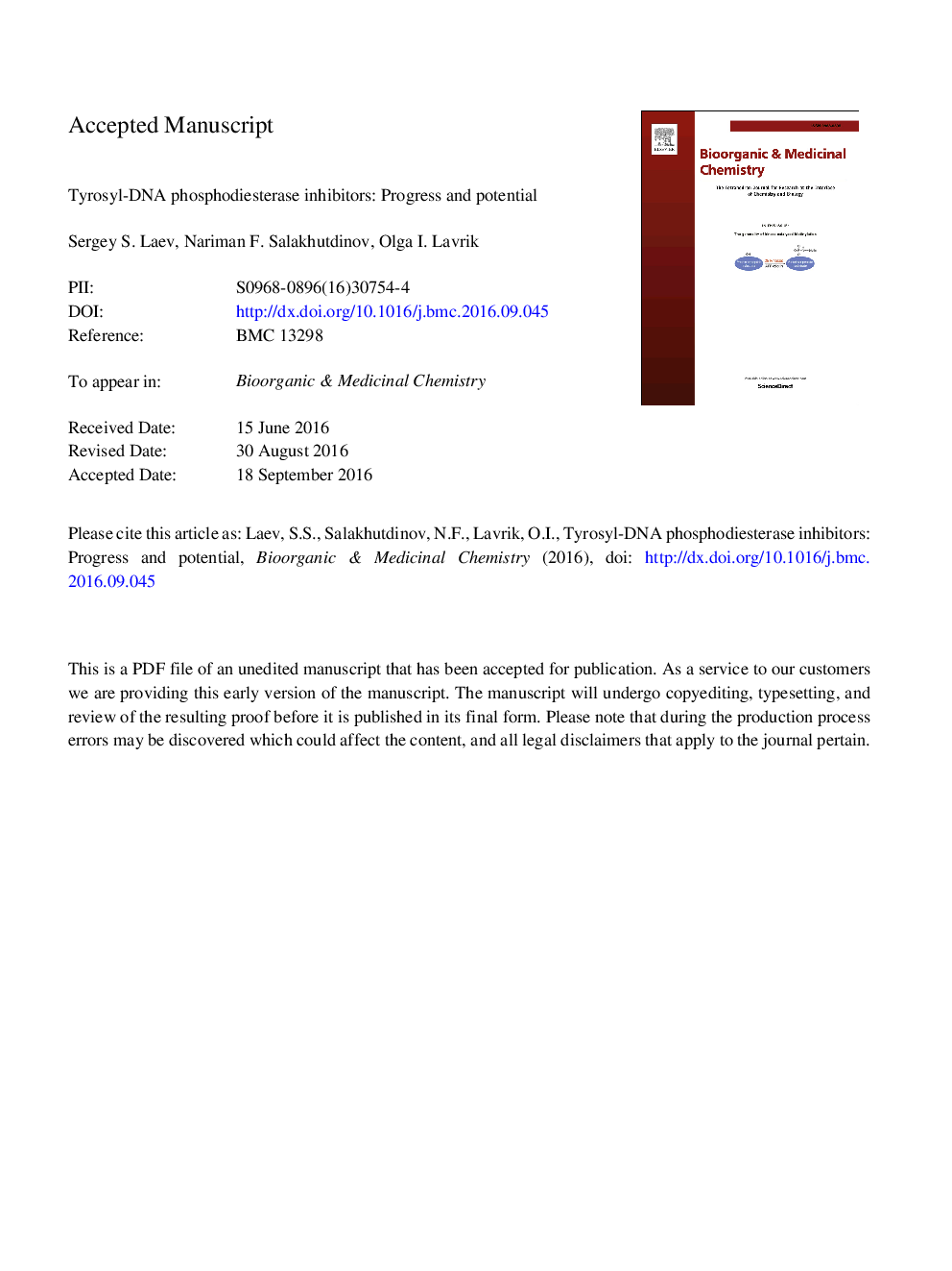 Tyrosyl-DNA phosphodiesterase inhibitors: Progress and potential