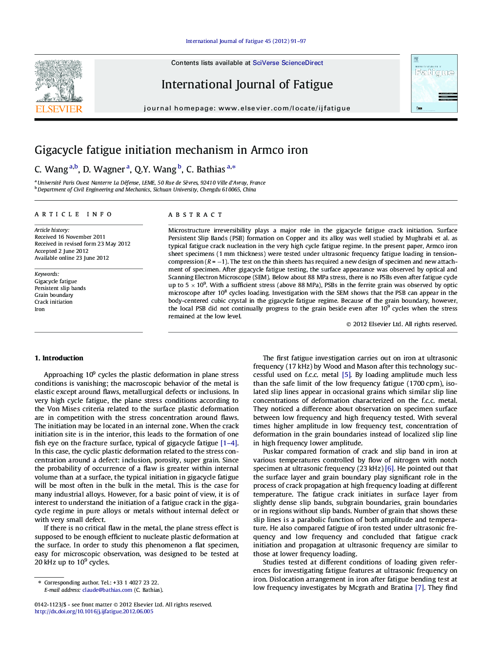 Gigacycle fatigue initiation mechanism in Armco iron