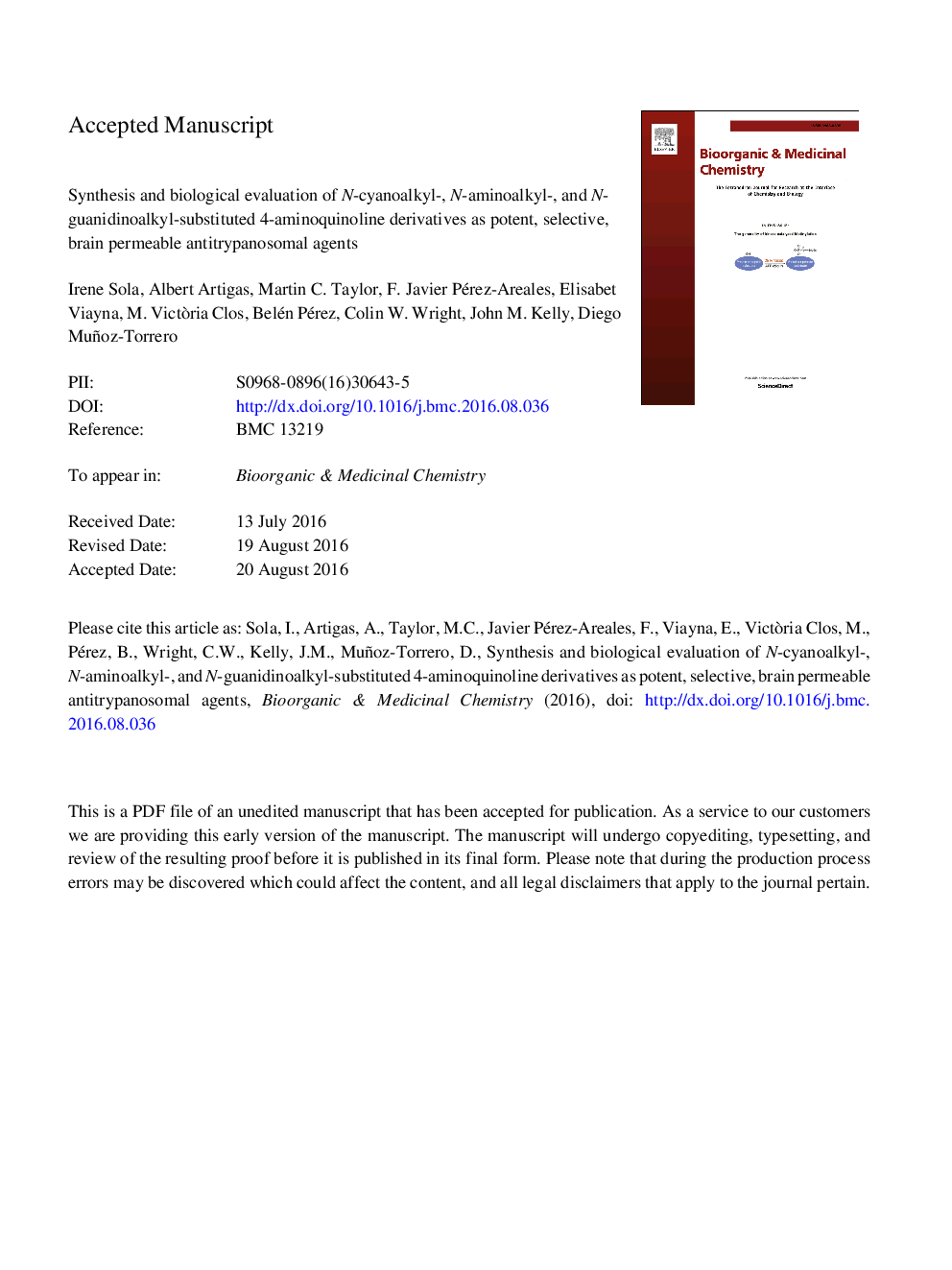 Synthesis and biological evaluation of N-cyanoalkyl-, N-aminoalkyl-, and N-guanidinoalkyl-substituted 4-aminoquinoline derivatives as potent, selective, brain permeable antitrypanosomal agents