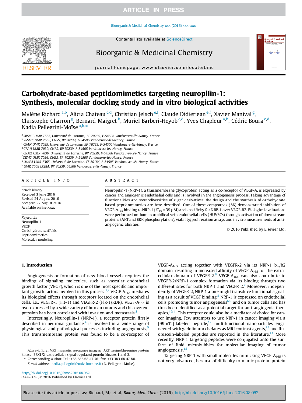 Carbohydrate-based peptidomimetics targeting neuropilin-1: Synthesis, molecular docking study and in vitro biological activities