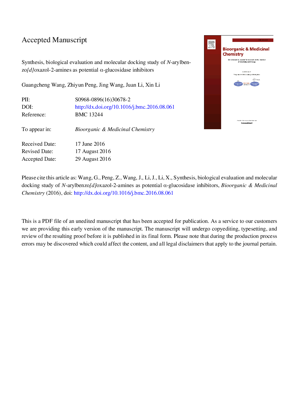 Synthesis, biological evaluation and molecular docking study of N-arylbenzo[d]oxazol-2-amines as potential Î±-glucosidase inhibitors