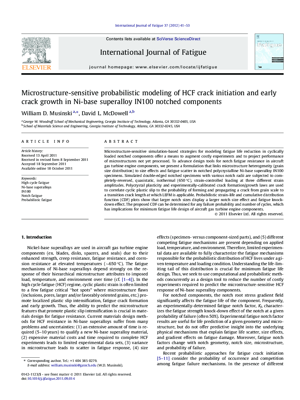 عکس صفحه اول مقاله: Microstructure-sensitive probabilistic modeling of HCF crack initiation and early crack growth in Ni-base superalloy IN100 notched components Microstructure-sensitive probabilistic modeling of HCF crack initiation and early crack growth in Ni-base superalloy IN100 notched components