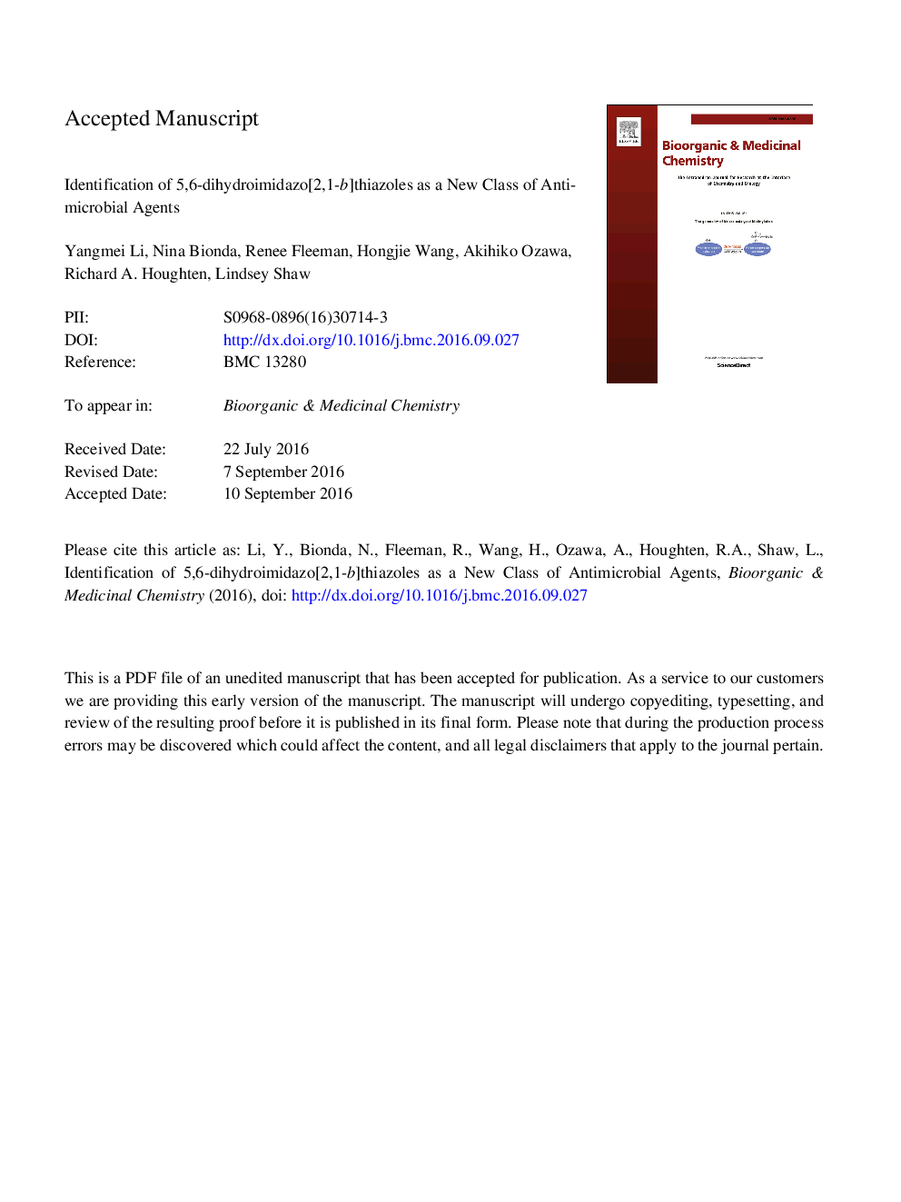 Identification of 5,6-dihydroimidazo[2,1-b]thiazoles as a new class of antimicrobial agents