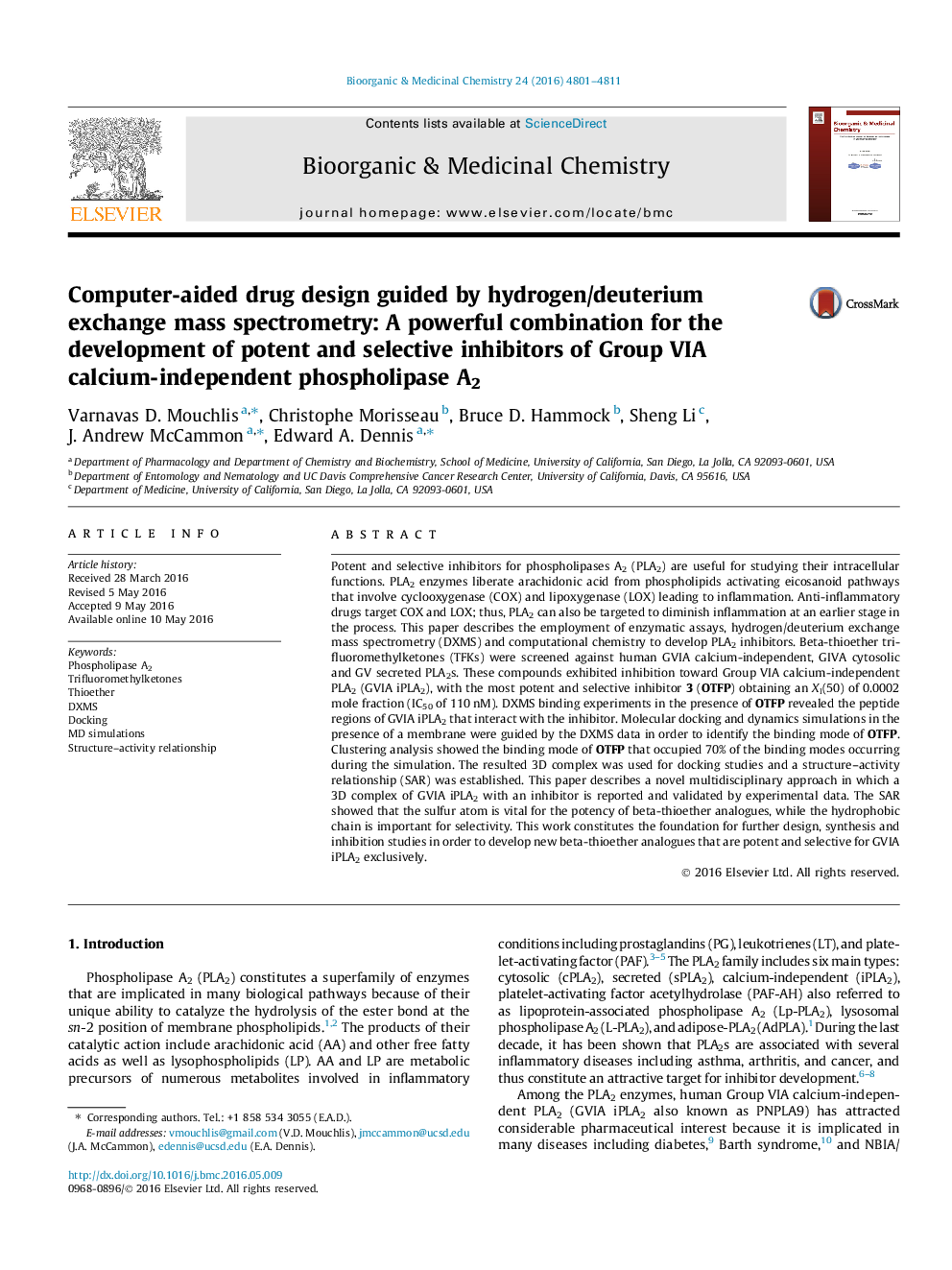 عکس صفحه اول مقاله: Computer-aided drug design guided by hydrogen/deuterium exchange mass spectrometry: A powerful combination for the development of potent and selective inhibitors of Group VIA calcium-independent phospholipase A2 Computer-aided drug design guided by hydrogen/deuterium exchange mass spectrometry: A powerful combination for the development of potent and selective inhibitors of Group VIA calcium-independent phospholipase A2