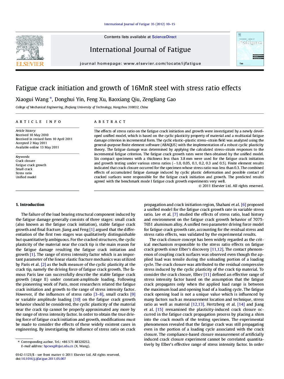 Fatigue crack initiation and growth of 16MnR steel with stress ratio effects