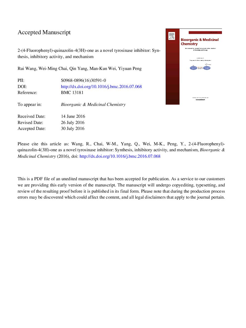 2-(4-Fluorophenyl)-quinazolin-4(3H)-one as a novel tyrosinase inhibitor: Synthesis, inhibitory activity, and mechanism