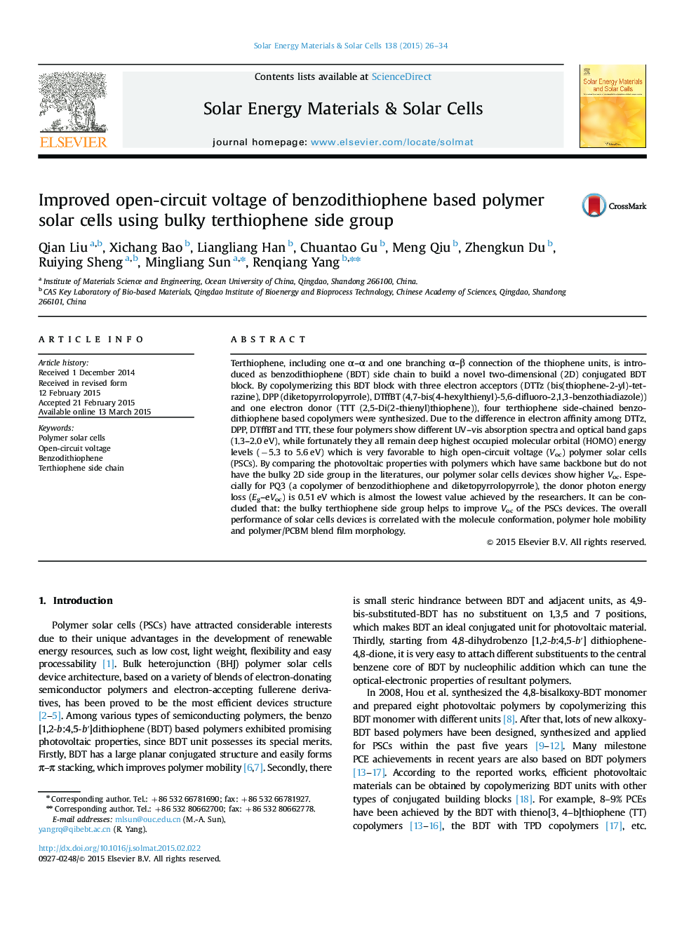 Improved open-circuit voltage of benzodithiophene based polymer solar cells using bulky terthiophene side group