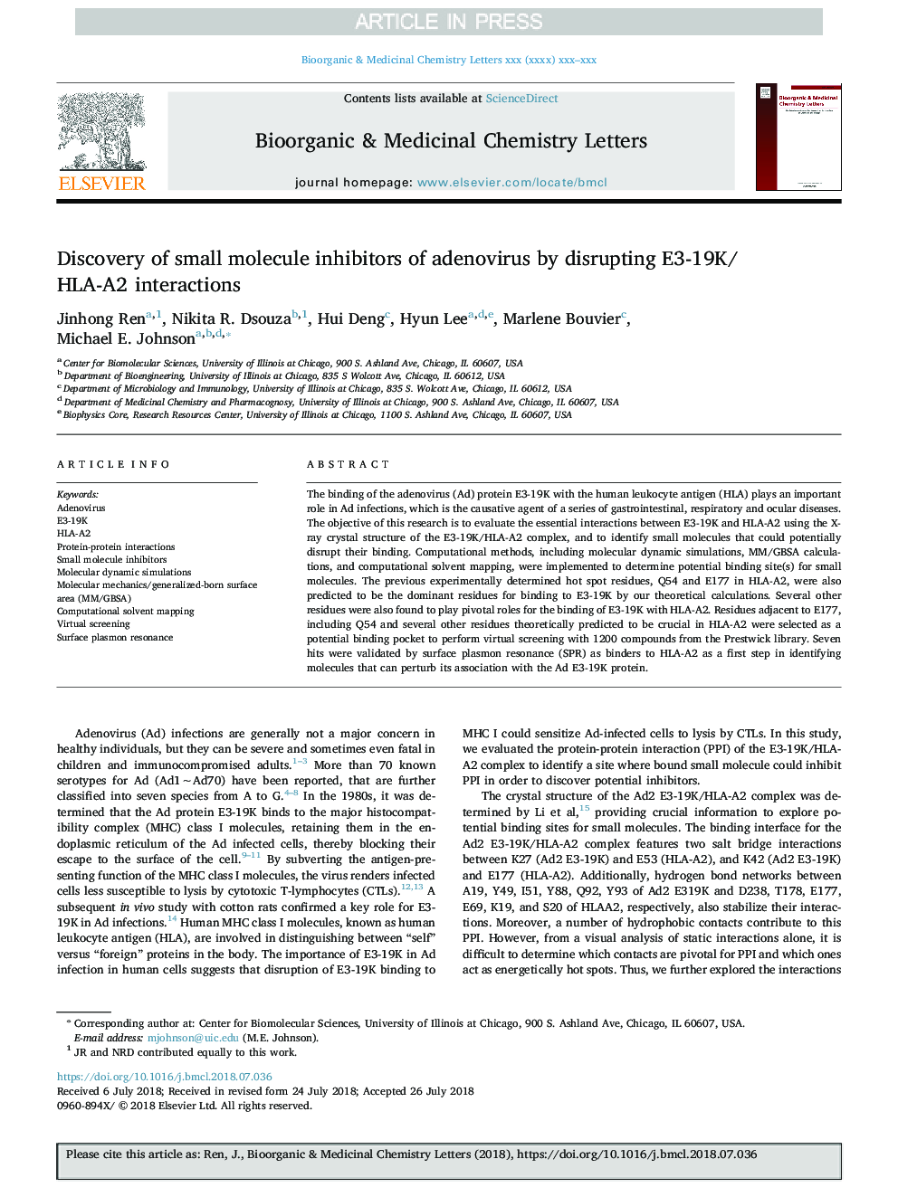 Discovery of small molecule inhibitors of adenovirus by disrupting E3-19K/HLA-A2 interactions