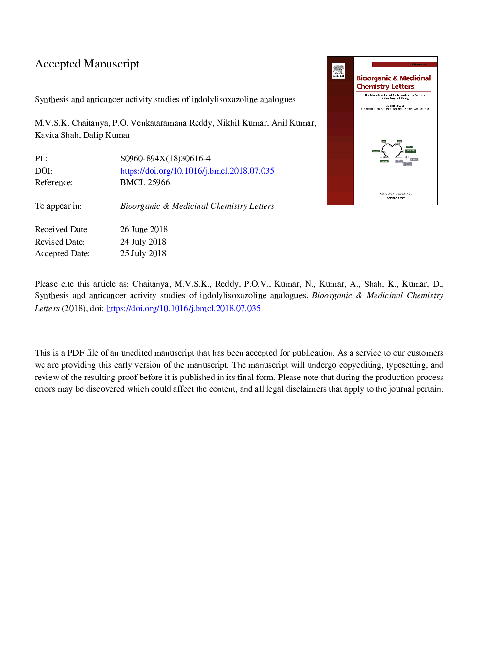 Synthesis and anticancer activity studies of indolylisoxazoline analogues