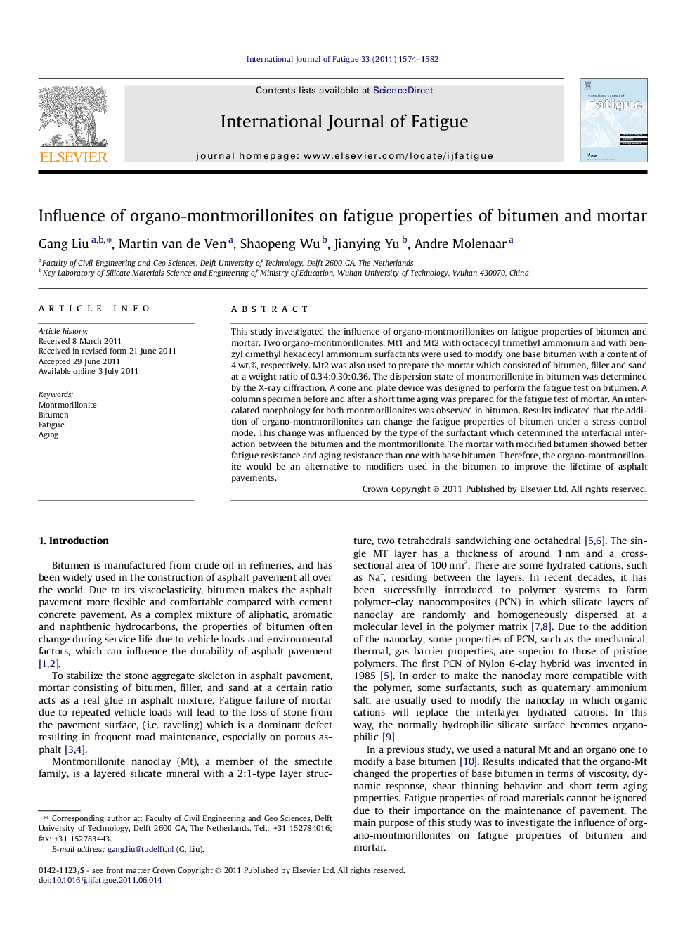 Influence of organo-montmorillonites on fatigue properties of bitumen and mortar