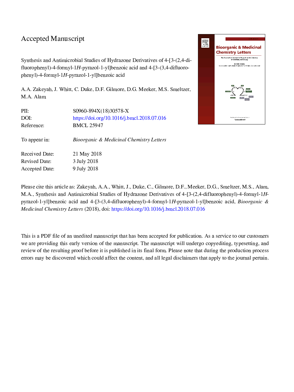 Synthesis and antimicrobial studies of hydrazone derivatives of 4-[3-(2,4-difluorophenyl)-4-formyl-1H-pyrazol-1-yl]benzoic acid and 4-[3-(3,4-difluorophenyl)-4-formyl-1H-pyrazol-1-yl]benzoic acid