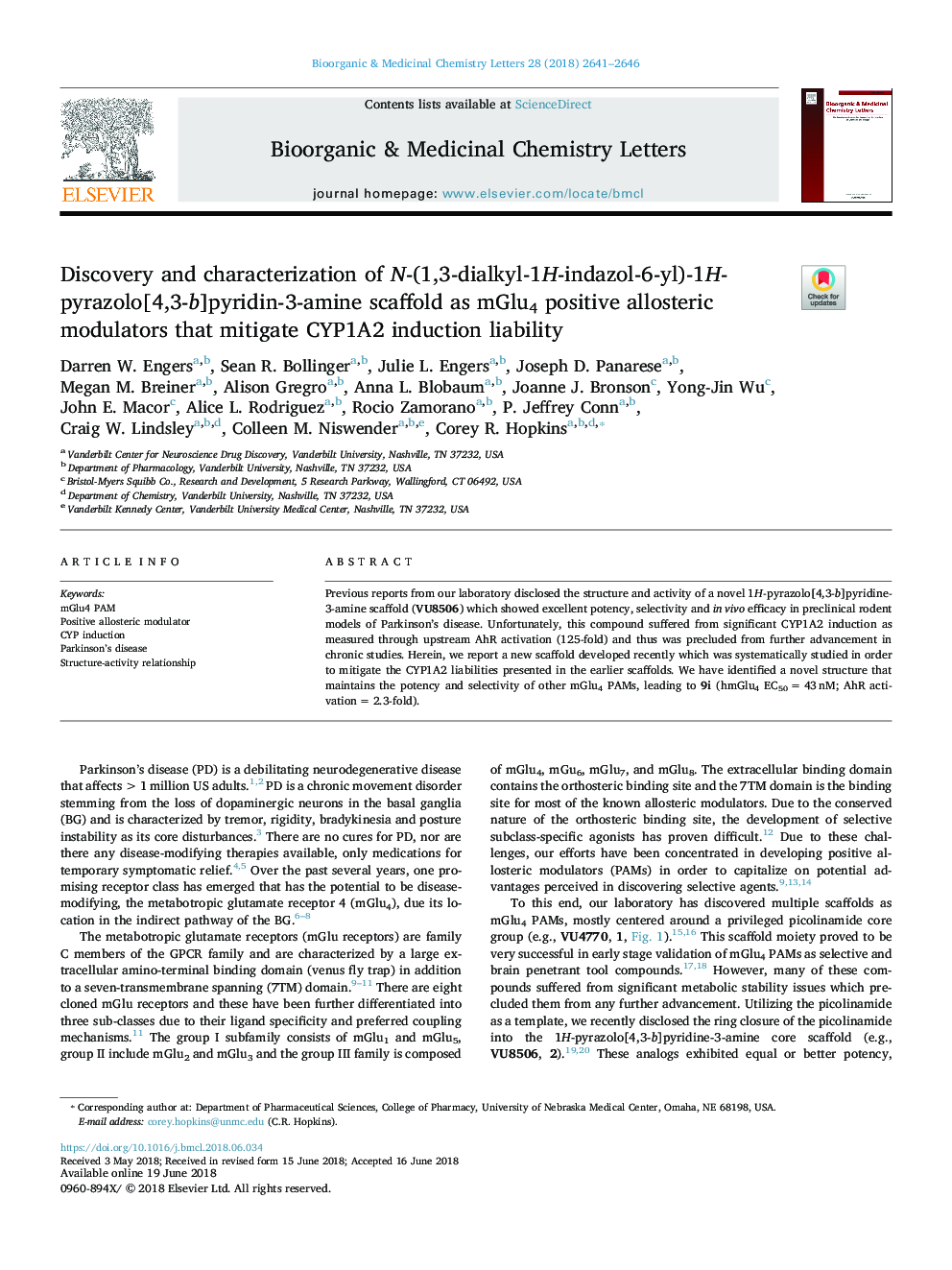 Discovery and characterization of N-(1,3-dialkyl-1H-indazol-6-yl)-1H-pyrazolo[4,3-b]pyridin-3-amine scaffold as mGlu4 positive allosteric modulators that mitigate CYP1A2 induction liability