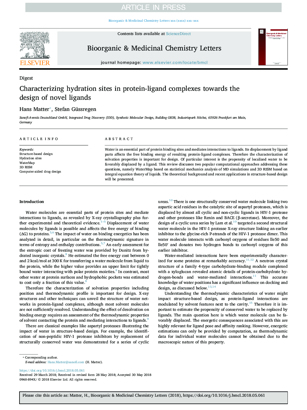 Characterizing hydration sites in protein-ligand complexes towards the design of novel ligands