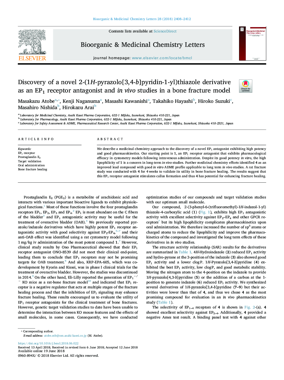 Discovery of a novel 2-(1H-pyrazolo[3,4-b]pyridin-1-yl)thiazole derivative as an EP1 receptor antagonist and in vivo studies in a bone fracture model