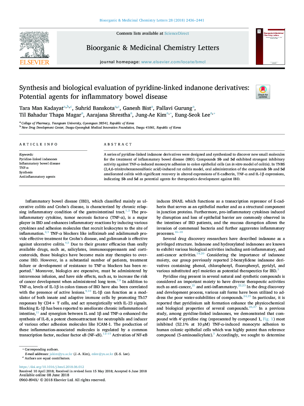 Synthesis and biological evaluation of pyridine-linked indanone derivatives: Potential agents for inflammatory bowel disease