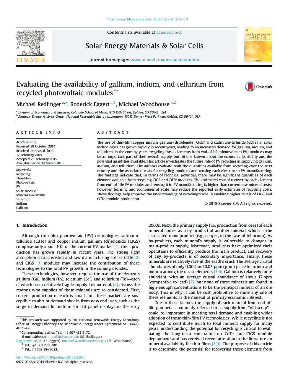 Evaluating the availability of gallium, indium, and tellurium from recycled photovoltaic modules 