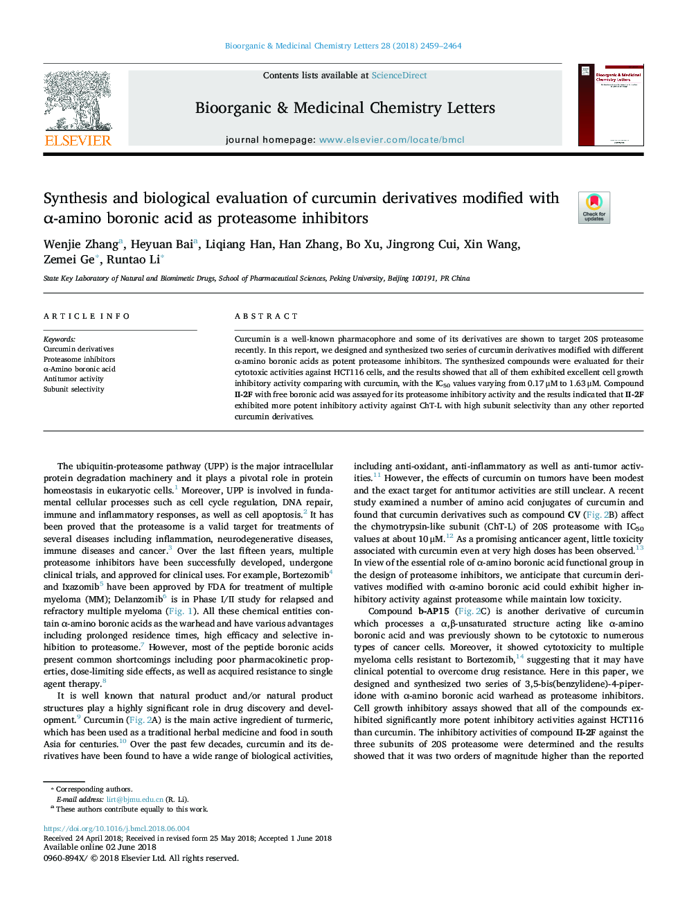 Synthesis and biological evaluation of curcumin derivatives modified with Î±-amino boronic acid as proteasome inhibitors