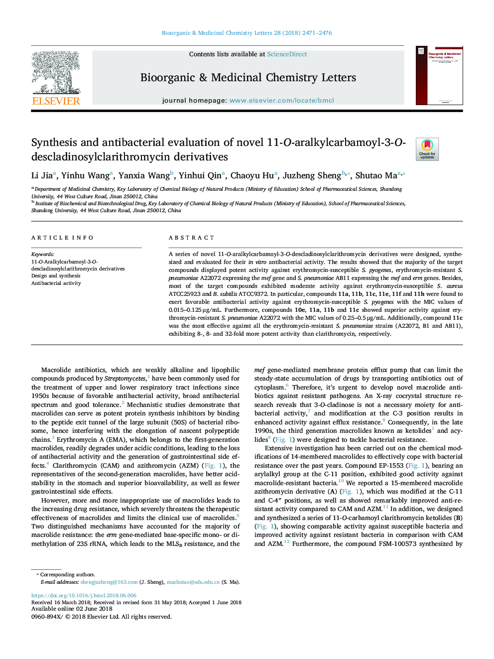 Synthesis and antibacterial evaluation of novel 11-O-aralkylcarbamoyl-3-O-descladinosylclarithromycin derivatives