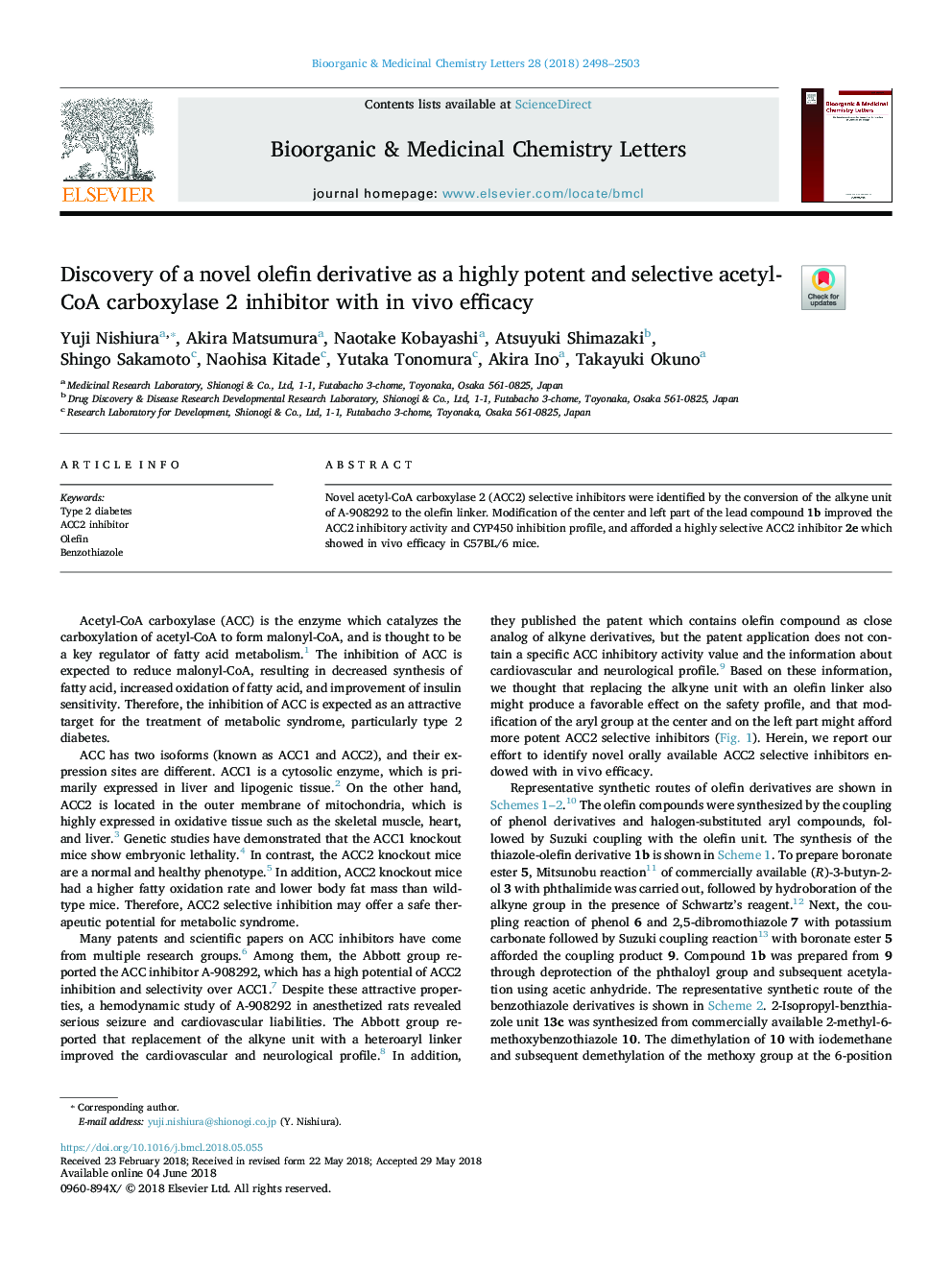 Discovery of a novel olefin derivative as a highly potent and selective acetyl-CoA carboxylase 2 inhibitor with in vivo efficacy