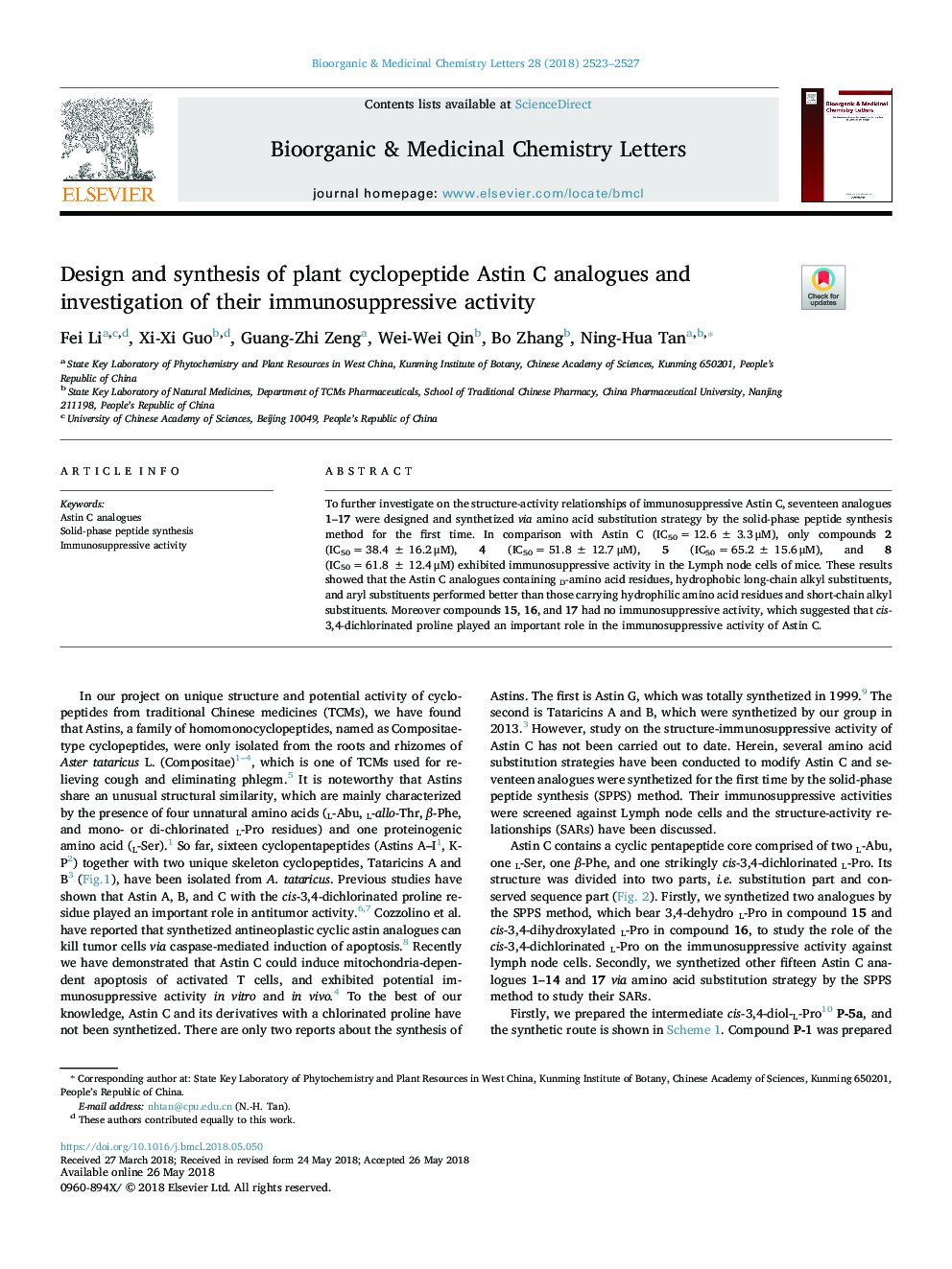 Design and synthesis of plant cyclopeptide Astin C analogues and investigation of their immunosuppressive activity