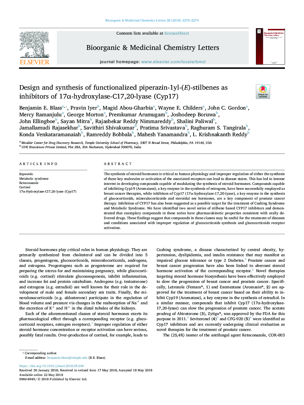 Design and synthesis of functionalized piperazin-1yl-(E)-stilbenes as inhibitors of 17Î±-hydroxylase-C17,20-lyase (Cyp17)