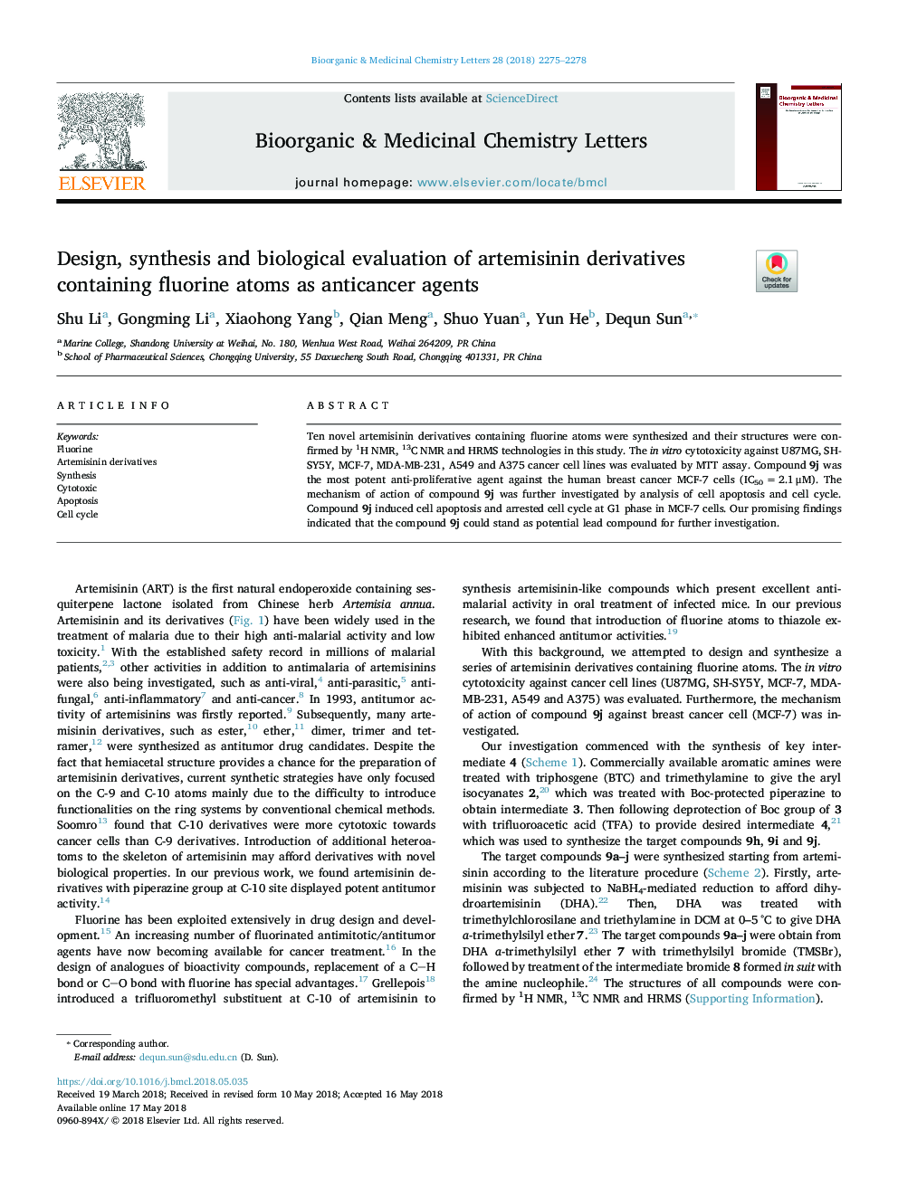 Design, synthesis and biological evaluation of artemisinin derivatives containing fluorine atoms as anticancer agents