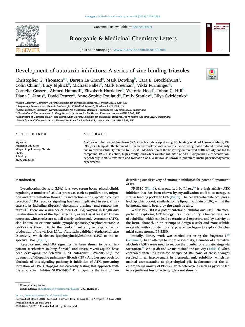 Development of autotaxin inhibitors: A series of zinc binding triazoles