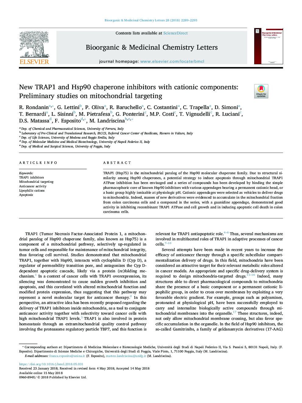 New TRAP1 and Hsp90 chaperone inhibitors with cationic components: Preliminary studies on mitochondrial targeting