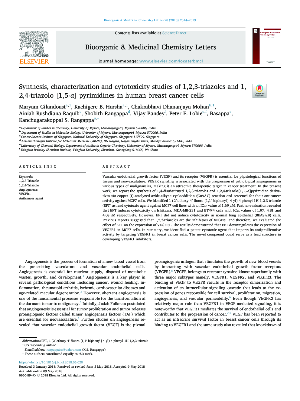 Synthesis, characterization and cytotoxicity studies of 1,2,3-triazoles and 1,2,4-triazolo [1,5-a] pyrimidines in human breast cancer cells