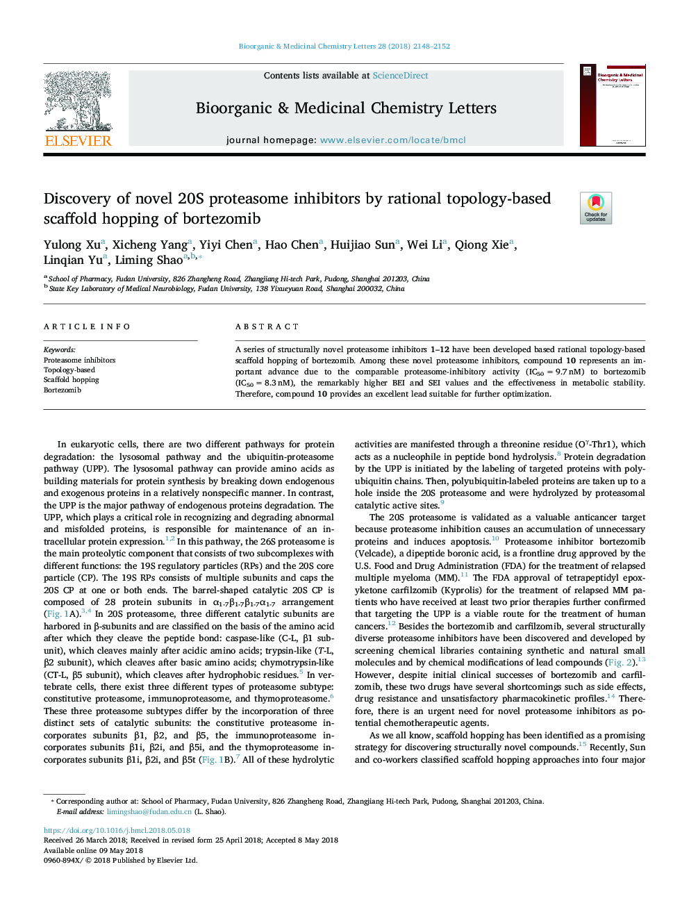 Discovery of novel 20S proteasome inhibitors by rational topology-based scaffold hopping of bortezomib