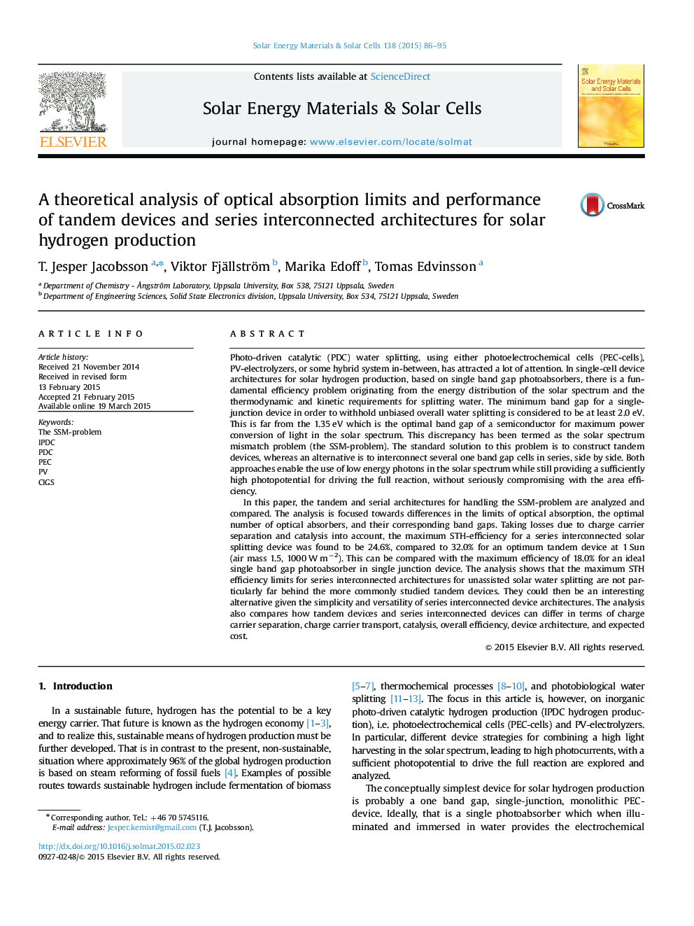 A theoretical analysis of optical absorption limits and performance of tandem devices and series interconnected architectures for solar hydrogen production