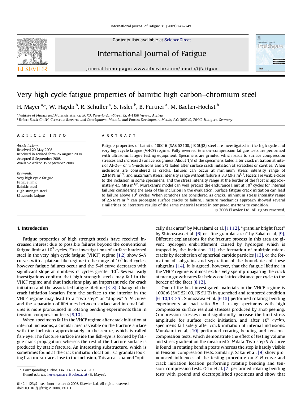 Very high cycle fatigue properties of bainitic high carbon–chromium steel