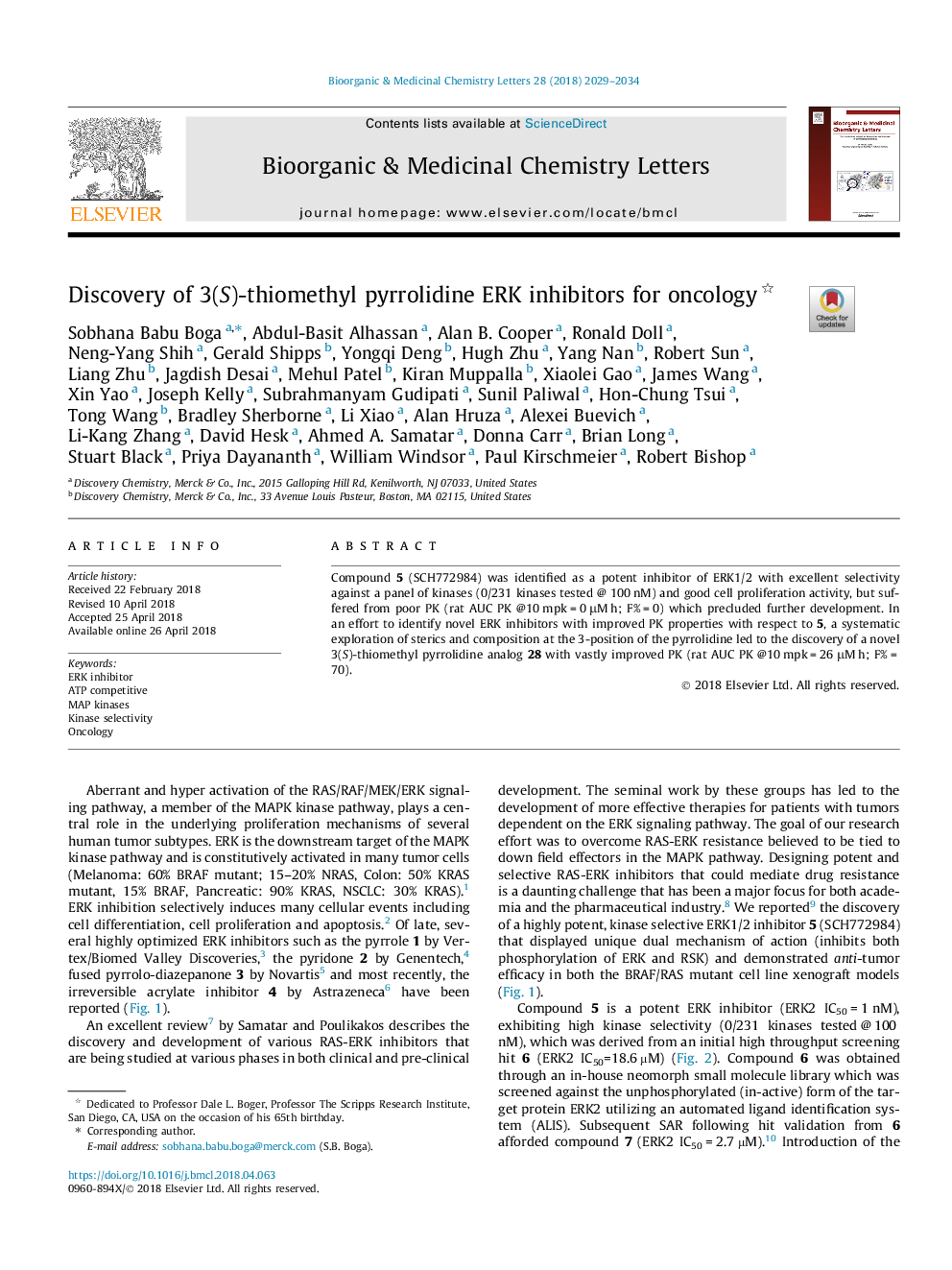 Discovery of 3(S)-thiomethyl pyrrolidine ERK inhibitors for oncology