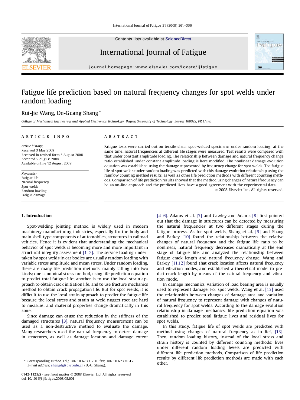 Fatigue life prediction based on natural frequency changes for spot welds under random loading